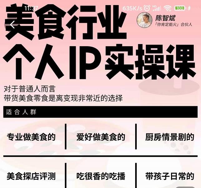 美食行业个人IP实操课，对于普通人而言，带货美食零食是离变现非常近的选择-猫哥网资源库