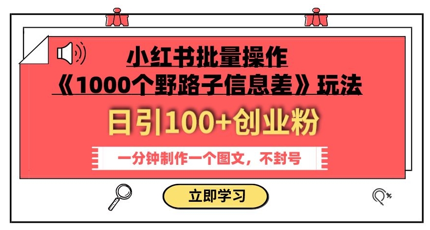 小红书批量操作《1000个野路子信息差》玩法，一分钟制作一个图文，不封号，日引100+创业粉-猫哥网资源库