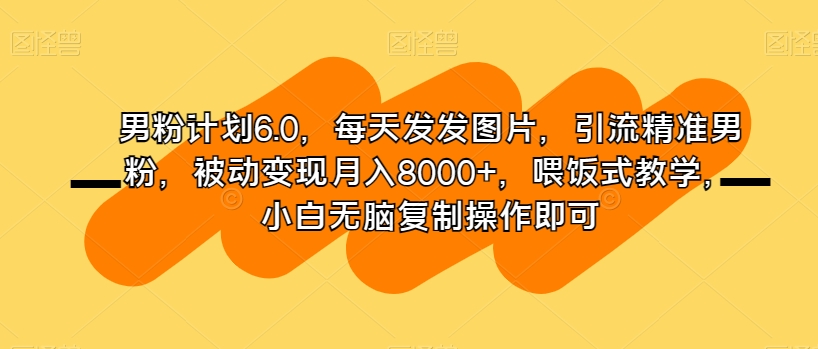 男粉计划6.0，每天发发图片，引流精准男粉，被动变现月入8000+，喂饭式教学，小白无脑复制操作即可-猫哥网资源库