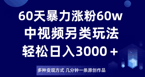 60天暴力涨粉60W，中视频另类玩法，日入3000＋，几分钟一条原创作品多种变现方式-猫哥网资源库