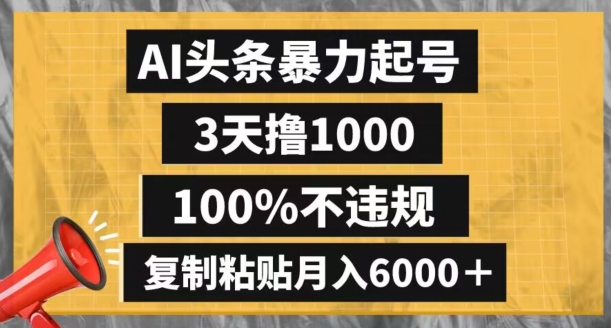 AI头条暴力起号，3天撸1000,100%不违规，复制粘贴月入6000＋【揭秘】-猫哥网资源库