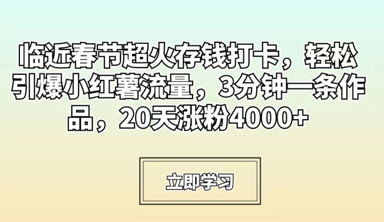 临近春节超火存钱打卡，轻松引爆小红薯流量，3分钟一条作品，20天涨粉4000+【揭秘】-猫哥网资源库