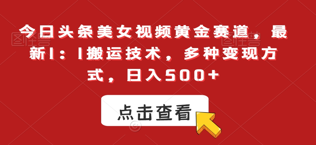 今日头条美女视频黄金赛道，最新1：1搬运技术，多种变现方式，日入500+【揭秘】-猫哥网资源库