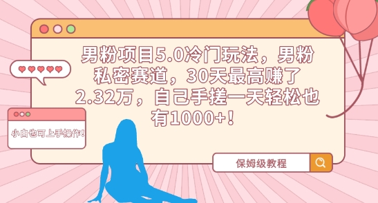 男粉项目5.0冷门玩法，男粉私密赛道，30天最高赚了2.32万，自己手搓一天轻松也有1000+【揭秘】-猫哥网资源库