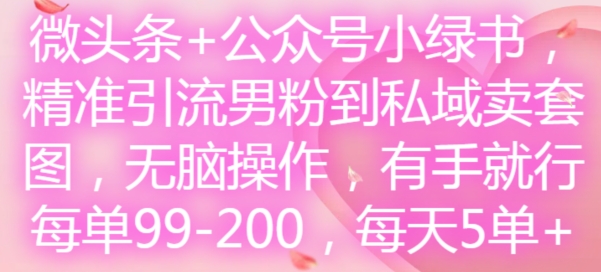 微头条+公众号小绿书，精准引流男粉到私域卖套图，无脑操作，有手就行，每单99-200，每天5单-猫哥网资源库