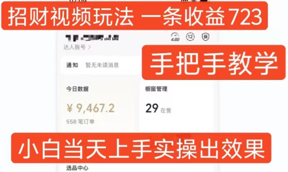 招财视频玩法，一条视频收益723，手把手教学，小白当天可上手-猫哥网资源库
