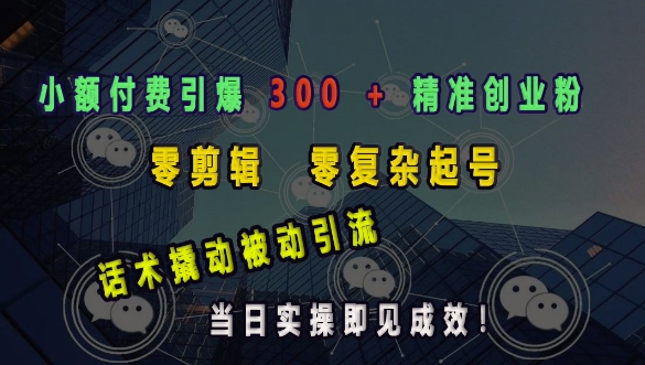 小额付费引爆 300 + 精准创业粉，零剪辑、零复杂起号，话术撬动被动引流，当日实操即见成效-猫哥网资源库