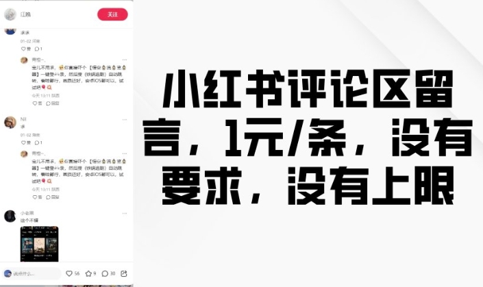 小红书评论区留言，1元条，没有要求，没有上限-猫哥网资源库