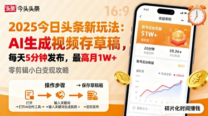 2025年今日头条躺賺新玩法，AI生成视频存草稿，每天5分钟发布，最高月1W+【揭秘】-猫哥网资源库