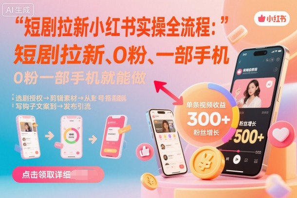 短剧拉新小红书实操全流程，0粉一部手机就可以做，详细教程-猫哥网资源库