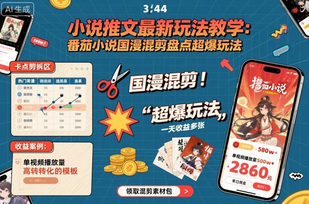 小说推文最新玩法教学，番茄小说国漫混剪盘点超爆玩法，全程干货，一天收益多张-猫哥网资源库