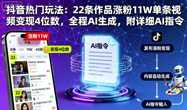 抖音热门玩法：22条作品涨粉11W单条视频变现4位数，全程AI生成，附详细AI指令-猫哥网资源库
