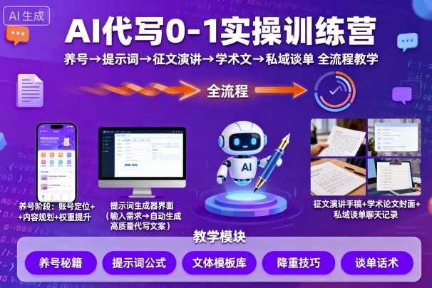AI代写0-1实操训练营，从养号、提示词、征文演讲、学术文，到私域谈单的全流程教学-猫哥网资源库