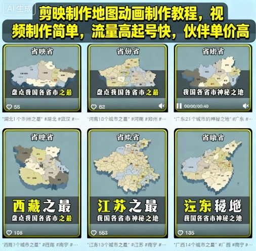 剪映制作地图动画制作教程，视频制作简单，流量高起号快，伙伴单价高-猫哥网资源库