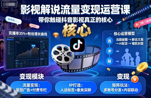 影视解说流量变现运营课，带你触碰抖音影视真正的核心-猫哥网资源库