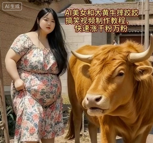 AI美女和大黄牛摔跤搞笑荒诞视频制作教程，快速涨千粉万粉-猫哥网资源库