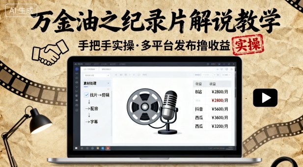 万金油之纪录片解说教学，手把手教你，完全实操，多平台发布撸收益-猫哥网资源库