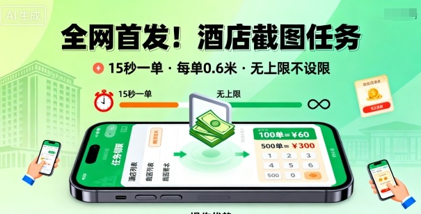 全网首发！酒店截图任务，15秒一单，每单0.6米，任务无上限不设限，矩阵操作单日3张到手【揭秘】-猫哥网资源库